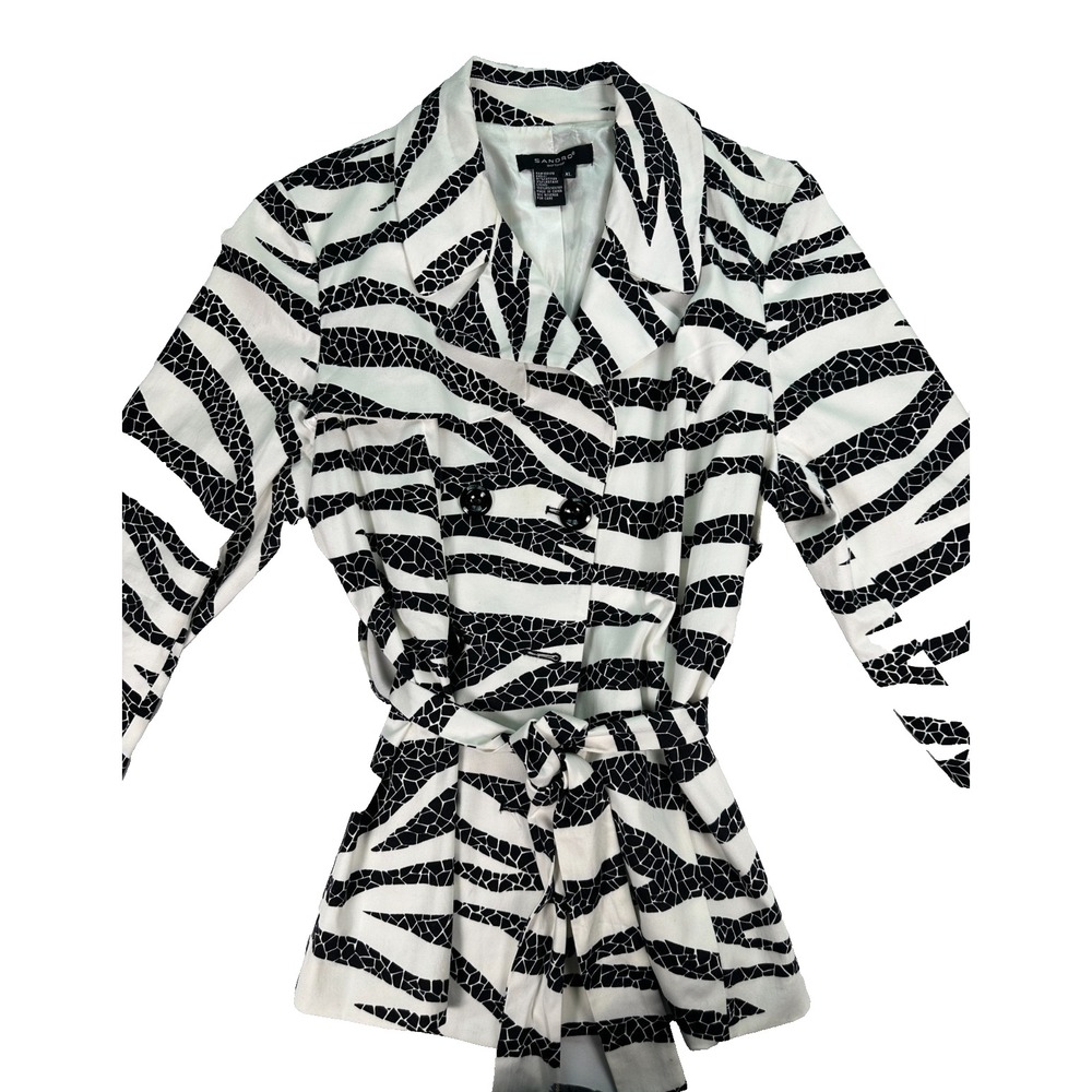 Sandro Women's XL Zebra Print Blazer Jacket Black White Tie Belt Lined